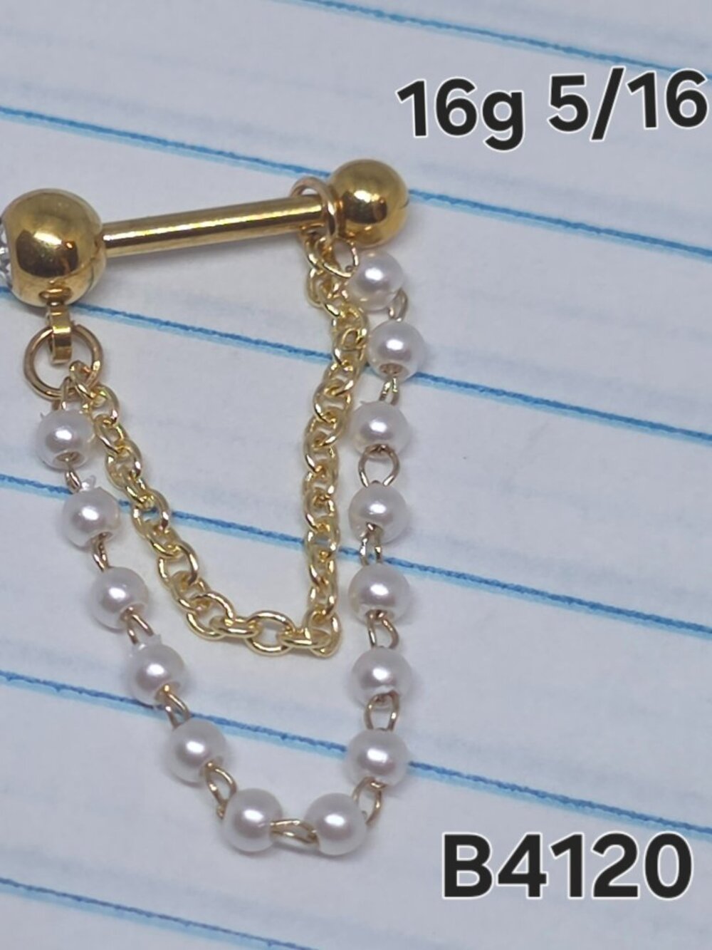 18g Gold Pearl Chain 5/16 Cartilage Barbell Ring B4120